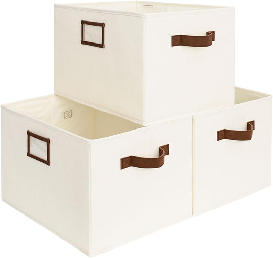 StorageWorks Storage Baskets for Shelves, Foldable Fabric Closet Storage Bins with PU Handles, Fabric Storage Bins Clothes Organizer, Ivory White, 3-Pack, Extra Large