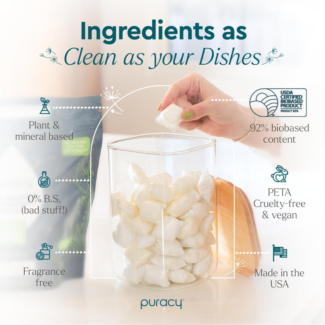 Puracy Dishwasher Pods, Natural Dishwasher Detergent, Free & Clear Dish tabs - Enzyme-Powered, Spot & Residue Free - TikTok Trend Items, Must Haves from TikTok Made Me Buy It (Free & Clear, 50 Count)