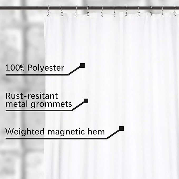 N&Y HOME 84 inch Extra Wide Fabric Shower Curtain or Liner, Hotel Quality, Washable, Water Repellent Bathroom Curtains with Grommets, White, 84x72 inches