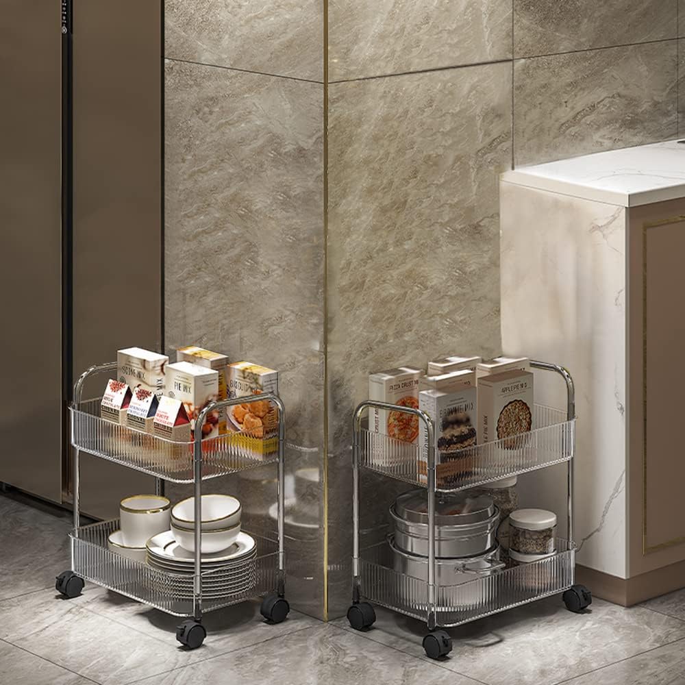 2-Tier Utility Rolling Cart Storage Organizer Sofa Side Table with Wheels, Under Desk Mobile Trolley Organizer with Handle and 2 Hanging Baskets for Office Home Kitchen Organization, Transparent