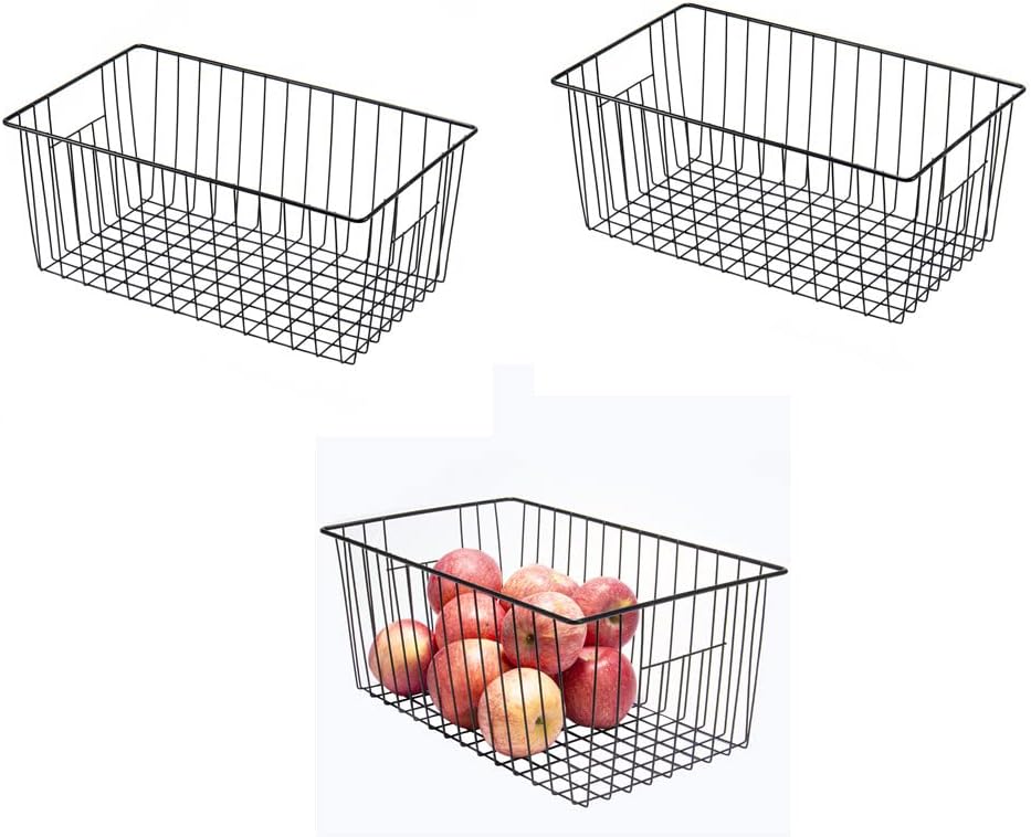 16inch Freezer Wire Storage Organizer Baskets, Household Refrigerator Bins with Built-in Handles for Cabinet, Pantry, Closet, Bedroom