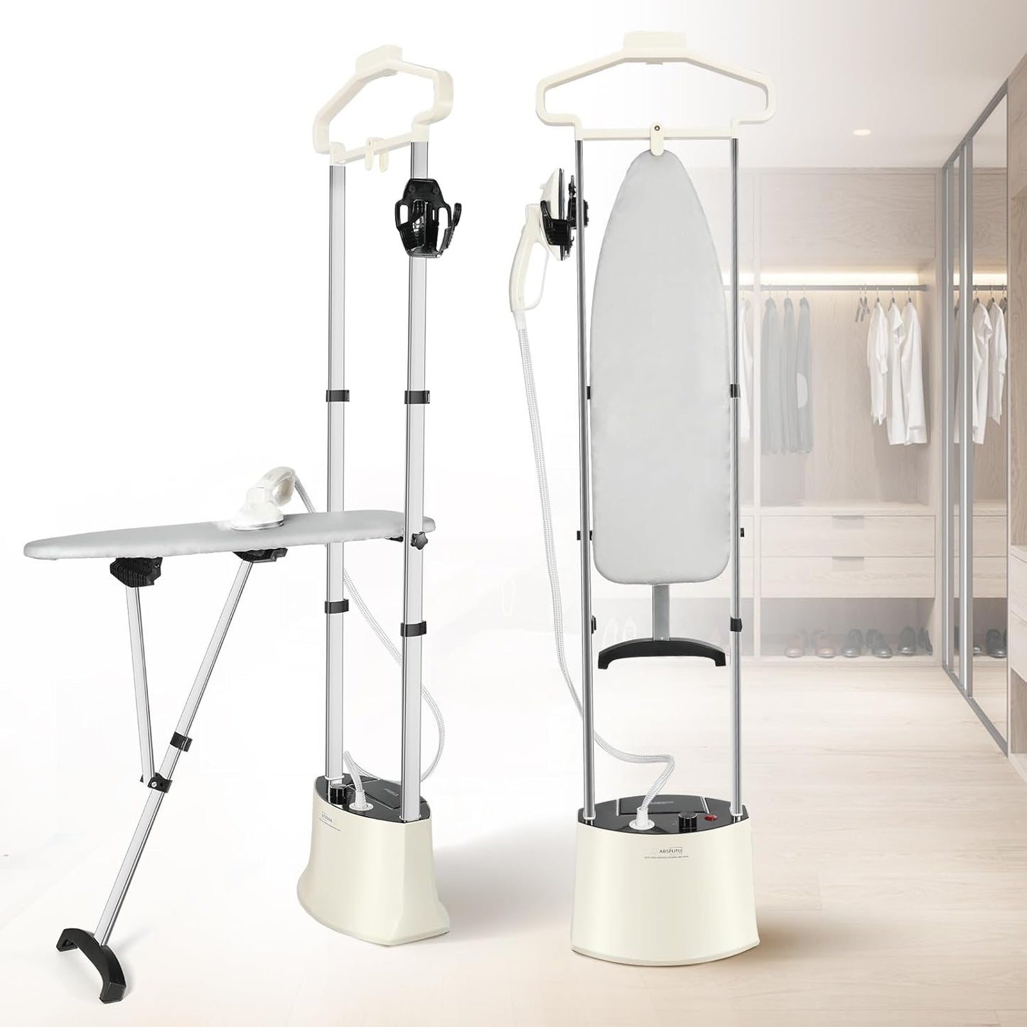 Standing Garment Steamer 1500W Professional Steamer for Clothes 25s Fast Heat-up with Rotating Ironing Head 1.6L/54 fl.oz Water Tank, Self-cleaning Function, Foldable Ironing Board, Ironing Gloves