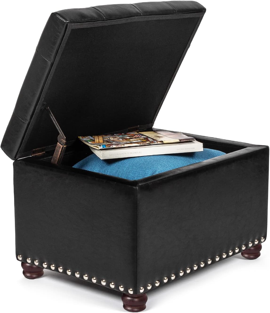 24'' Leather Storage Ottoman Rectangular Foot Rest Stool with Nailhead Trim Toy Chests & Storage Room Organizer for Bedroom Living Room(Black)