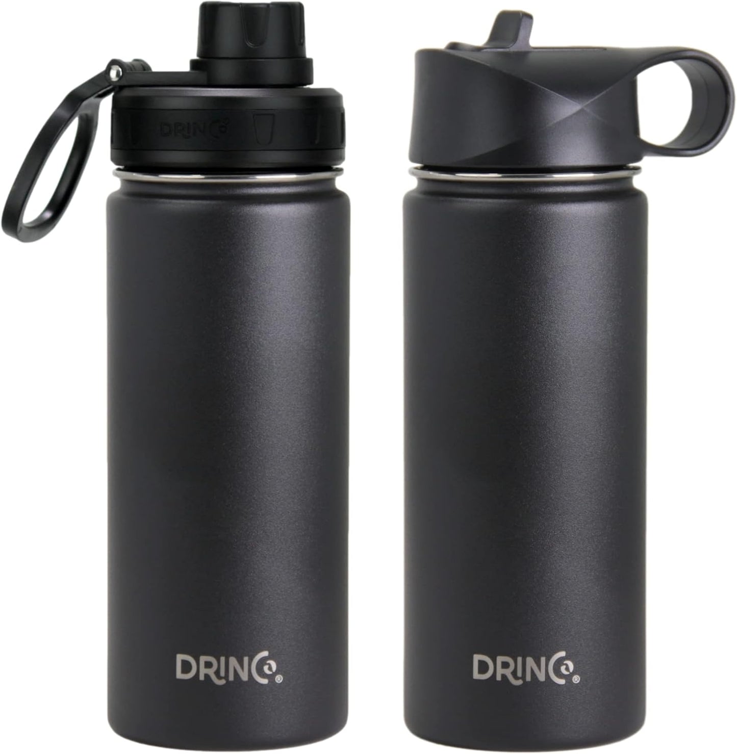 DRINCO Stainless Steel Water Bottle Spout Lid Vacuum Insulated Double Wall Water Bottle Wide Mouth (40oz 32oz 22oz 18oz 14oz) Leak Proof Keeps Cold or Hot (18 oz, 18oz Black)