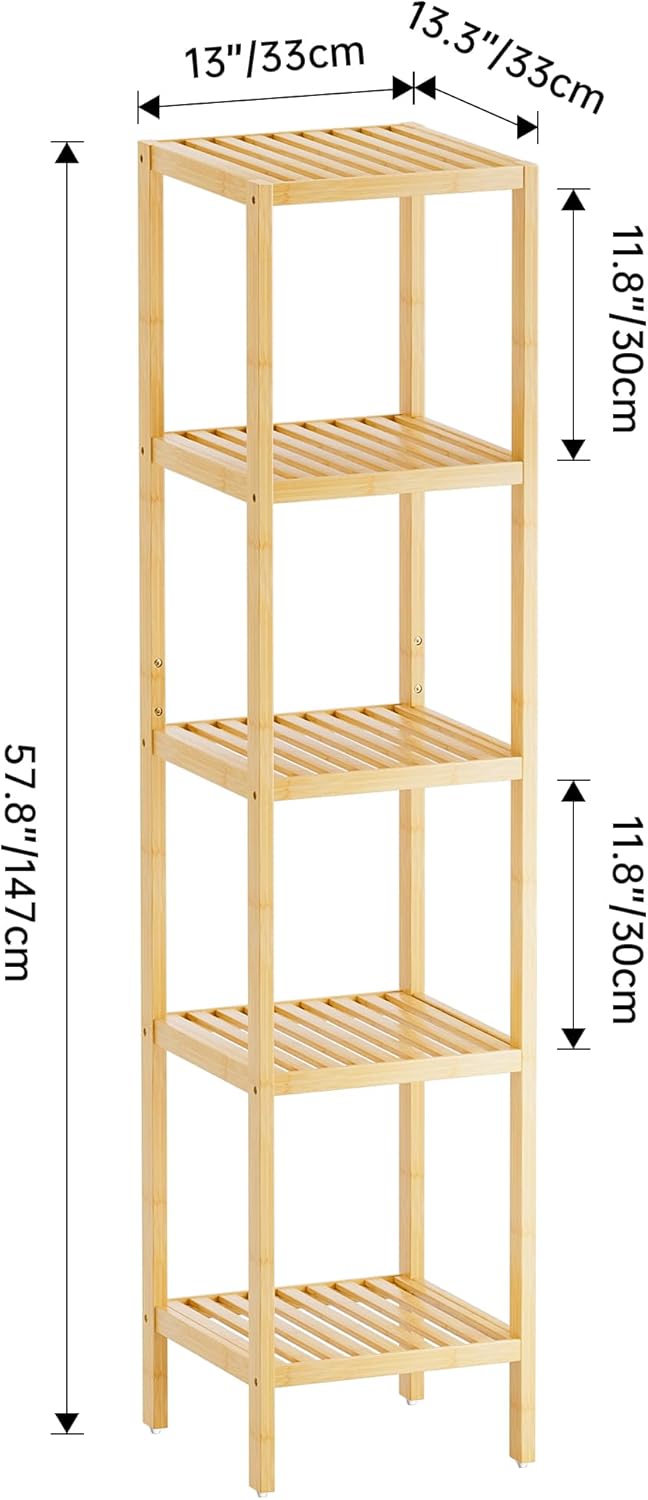 SMIBUY Bathroom Storage Shelf, 5-Tier Bamboo Rack Organizer, Multifunctional Shelving Unit for Living Room Bedroom Kitchen (Natural)