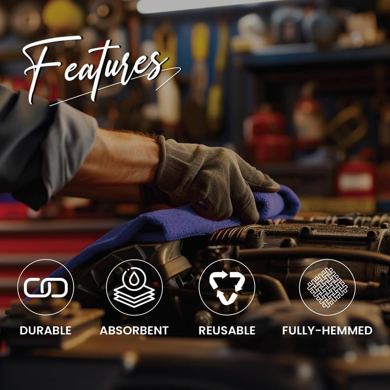 Auto Mechanic Shop Towels (13"x14"), 12 Pack (Blue) - 100% Cotton Commercial Grade Rags for Cleaning & Maintenance, Garage Supplies - Professional Mechanics Reusable Wipes