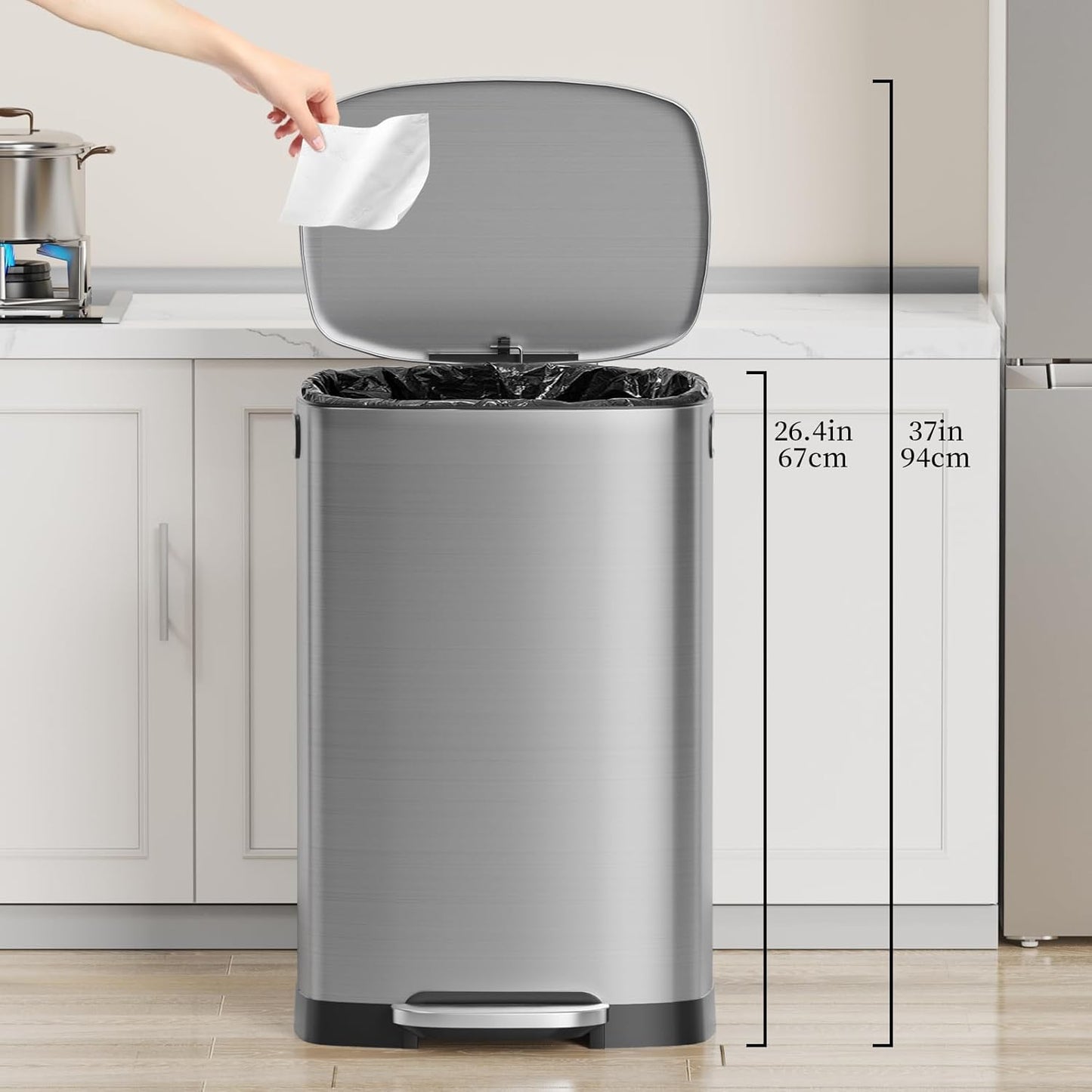 13 Gallon Trash Can with Lid, 50L Fingerprint Proof Stainless Steel Kitchen Trash Can with Removable Inner Bucket and Lid Soft Close, Pedal Rubbish Bin for Home Office（Silver）