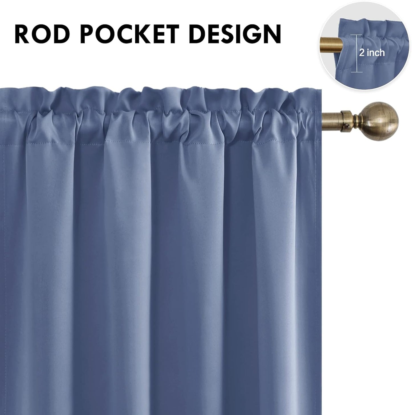 DWCN Blackout Curtains – Thermal Insulated, Energy Saving & Noise Reducing Bedroom and Living Room Curtains, Dusty Blue, W 52x L 63 Inch, Set of 2 Rod Pocket Curtain Panels