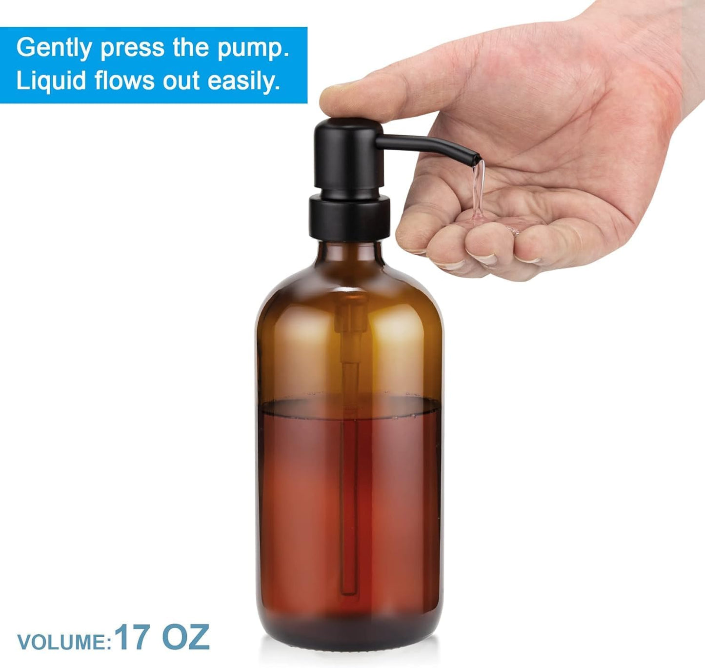 AmazerBath Amber Glass Soap Dispenser, 2 Pack Soap Dispenser Set with Stainless Steel Pump, Vintage Liquid Brown Soap Dispensers Bottle, 17 Oz Dish Soap and Hand Soap Dispensers for Bathroom Kitchen