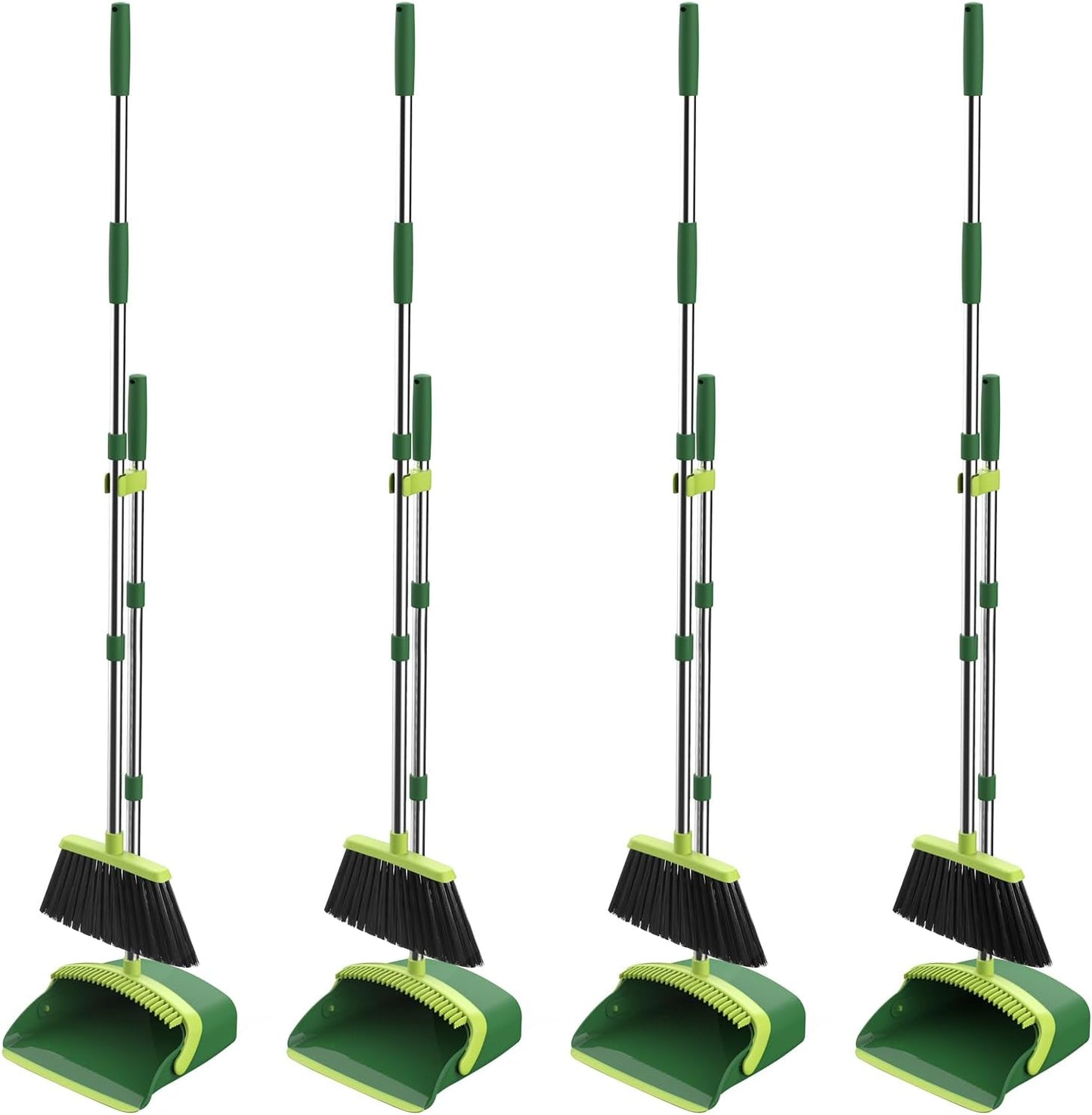 Broom and Dustpan Set, 52-in Long Adjustable Handle Broom Dustpan Combo with Dust pan Teeth to Automatically Clean Hair Suitable for Home Kitchen Office Hall Floor (Green), 4 Pack
