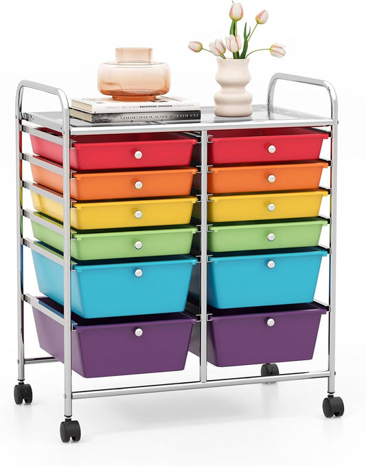 GOFLAME 12-Drawer Rolling Storage Cart, Multipurpose Organizer Cart with 2 Sizes Plastic Drawers, Mobile Utility Cart with Lockable Casters for School, Home Office, Beauty Salon, Multicolored