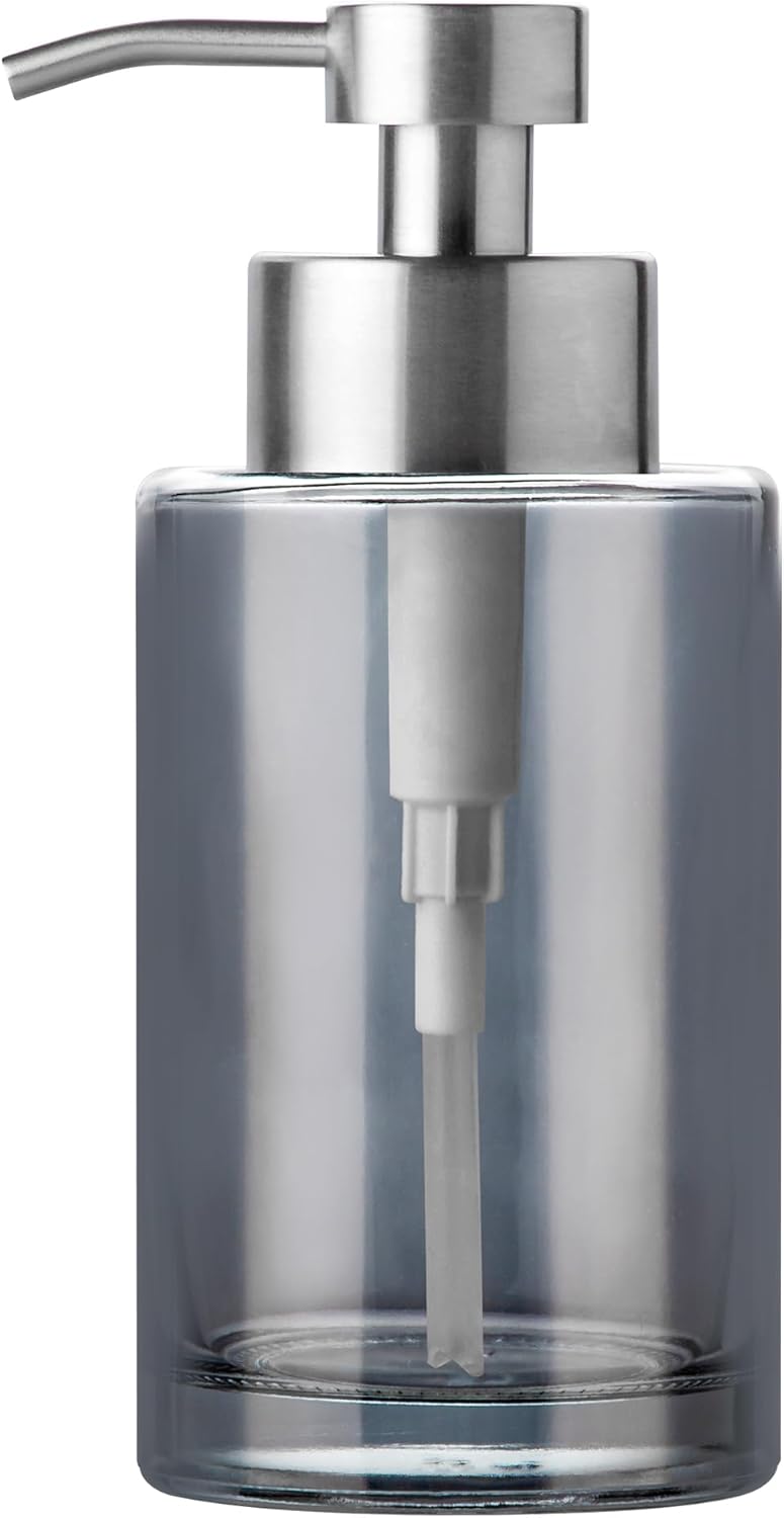Enra Thick Glass Soap Dispenser with Stainless Steel Pump, 12oz Bathroom & Kitchen (Silver)