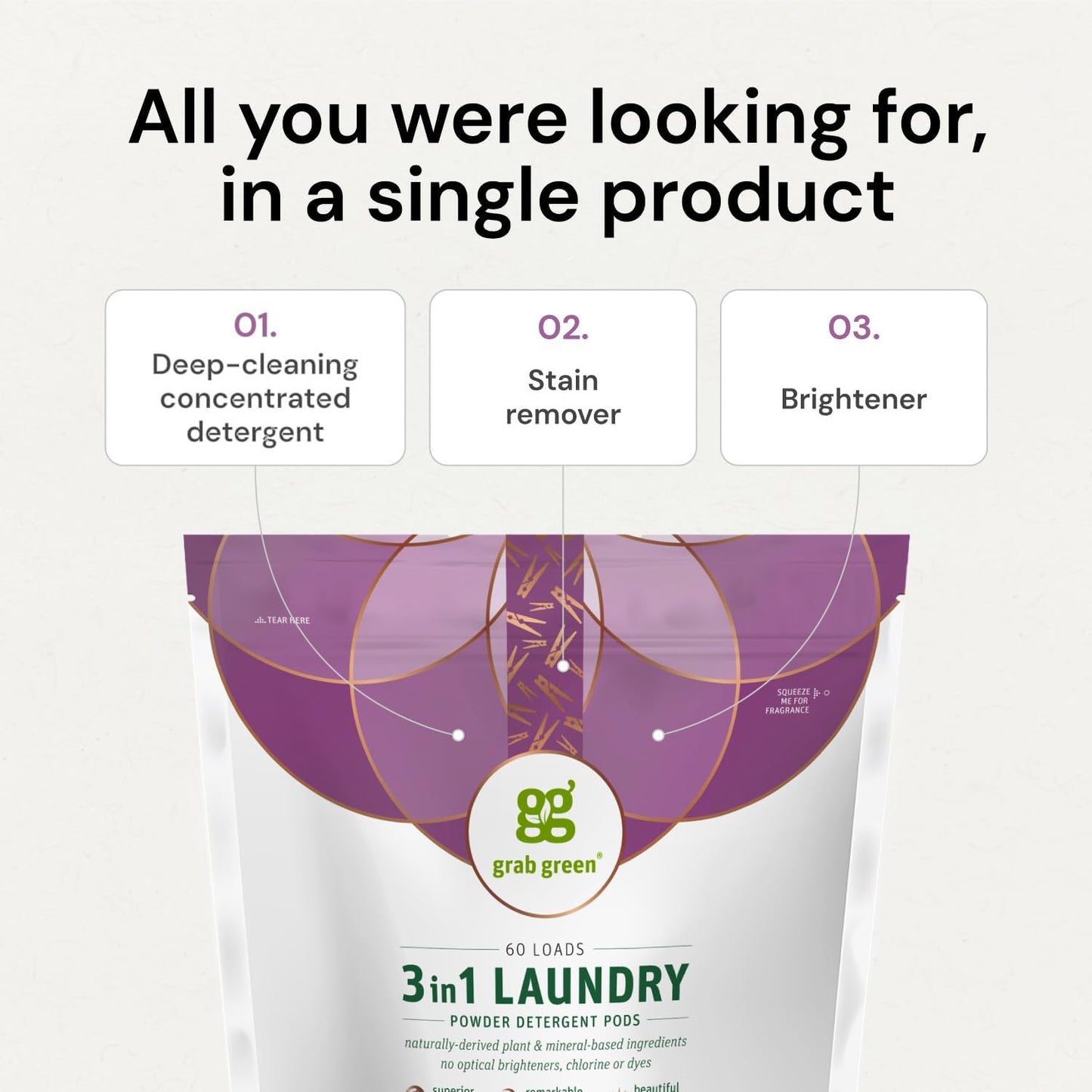 Grab Green 3-in-1 Laundry Detergent Pods, 24 Count, Fragrance Free, Plant and Mineral Based, Superior Cleaning Power, Stain Remover, Brightens Clothes