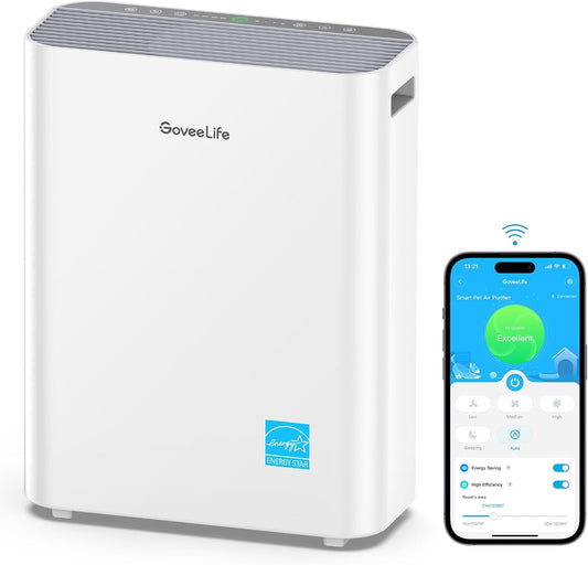 GoveeLife Smart Air Purifiers for Home Large Room, Air Purifiers for Pets with PM2.5 Sensor, Washable Pre-Filter for Pet Hair Lint, 24dB Large Air Purifier with App Control