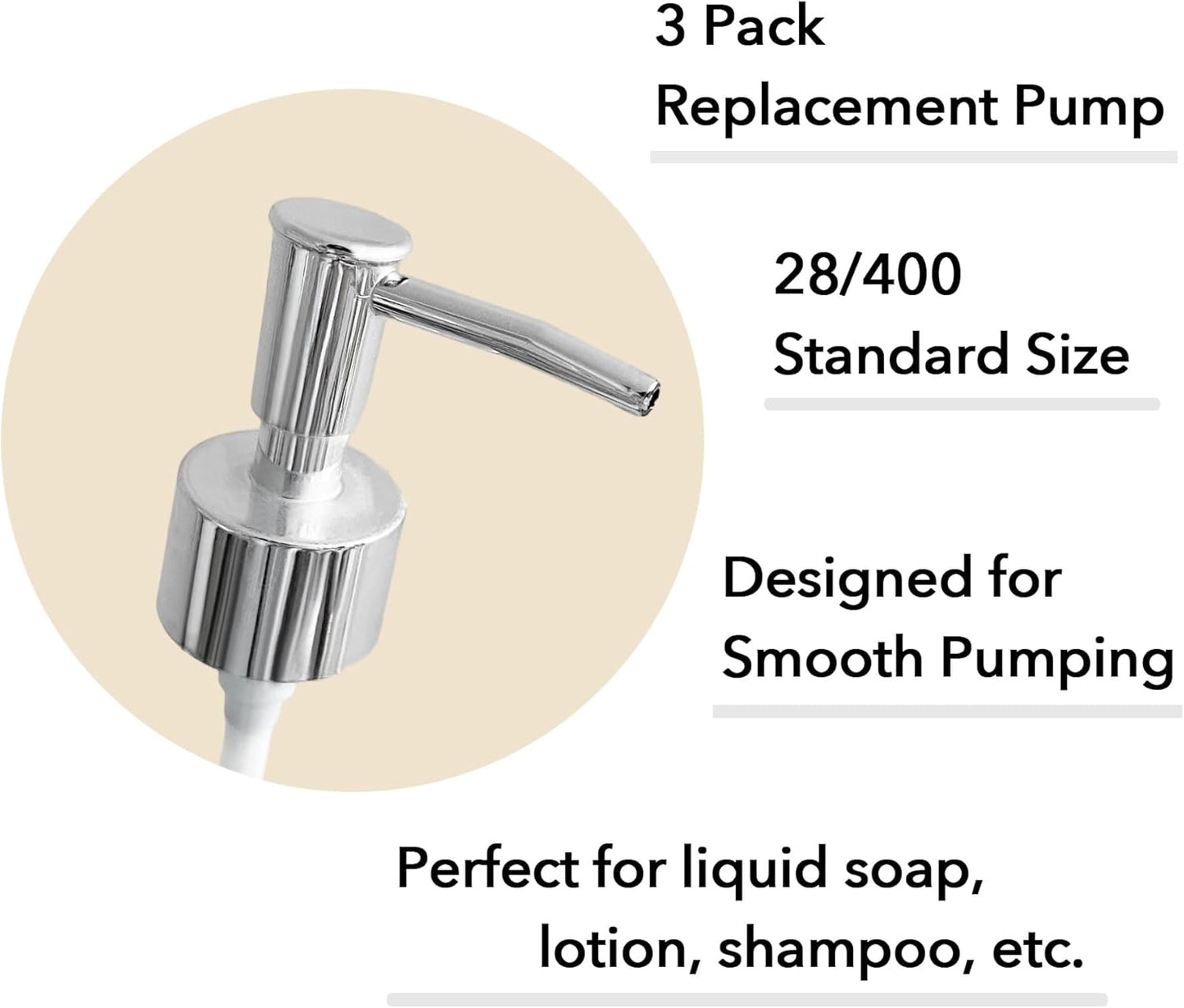 Soap Dispenser Pump Head Replacement 3 Pack, 28/400 Threads Standard Size, for Bathroom and Kitchen (Clear Silver)