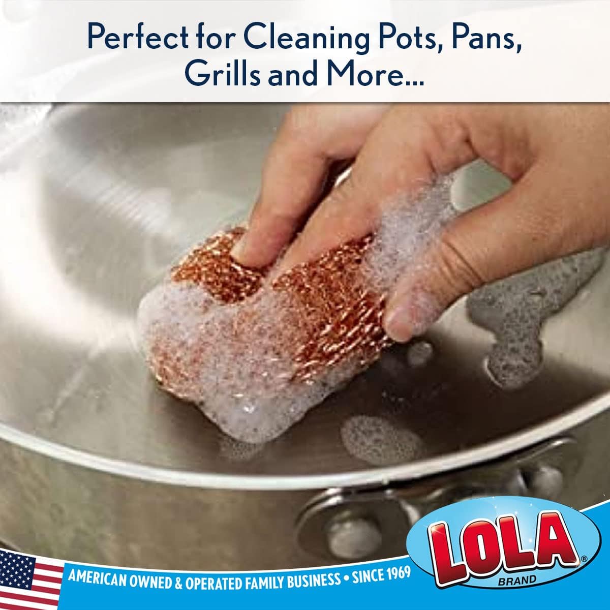 Copper Mesh Scouring Pad by LOLA, 144 Pack, 45 Grams, 4" Heavy Duty Cleaning Pads, Copper Coated Knitted Wire Mesh, Recyclable, Cleans Baked On Messes