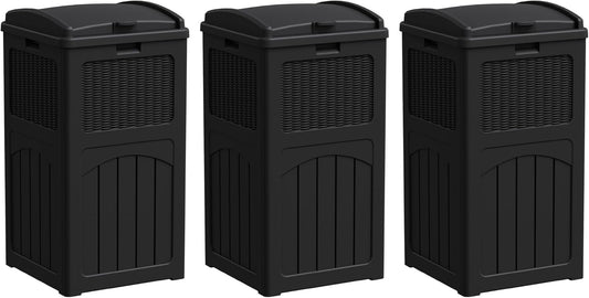 Greesum 33 Gallon Outdoor Trash Can with Lid, Waterproof Resin Garbage Bin for Hideaway, Deck, Patio, 3 Pack, Black