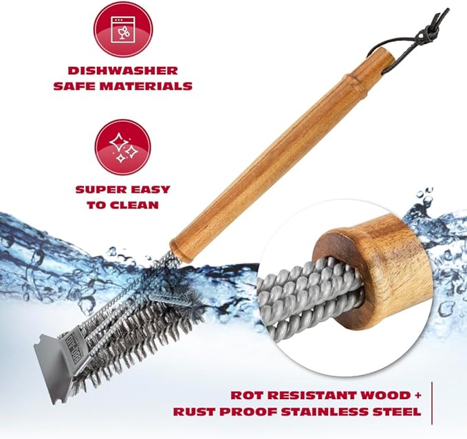 BBQ-AID All Angles BBQ Grill Brush for Outdoor Grill – Cleans All Angles, Large Wooden Handle, and Stainless Steel Bristles - BBQ Brush for Grill Cleaning – Grill Cleaner Brush Safe for BBQ and Grill