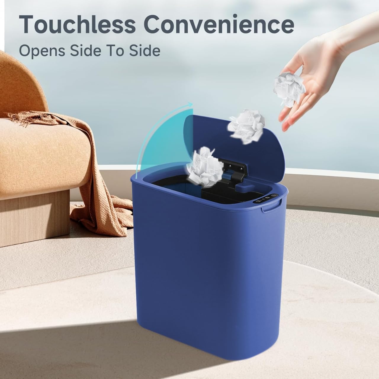 5 Gallon Motion Senor Bathroom Trash Can with Lid, Automatic Garbage Can Touchless, Smart Plastic Waste Basket for Narrow Spaces, Bathroom, Office, Bedroom, Living Room (Blue)