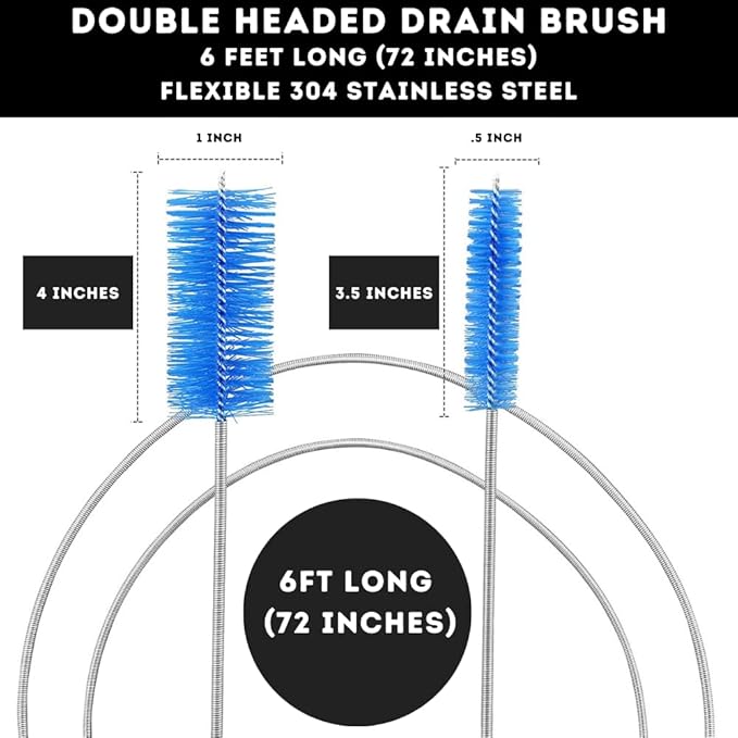 Flexible Drain Cleaning Brush (72" Long) for Drains, Bottles, Bathroom Sink, Bathtub, Shower, and Kitchen Sink, Heavy-Duty Double Ended Nylon with Elastic Hose, Bathroom Cleaning Supplies, Purple