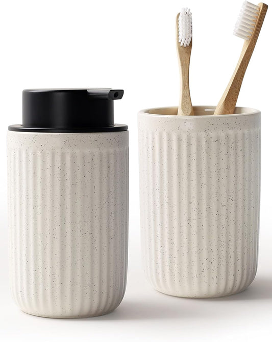 Bosilunlife Soap Dispenser and Toothbrush Holder Set - Dish Hand Soap Dispenser Bathroom Set Ceramic Bathroom Counter Soap Toothbrush Holder Set Beige Bathroom Accessories Set