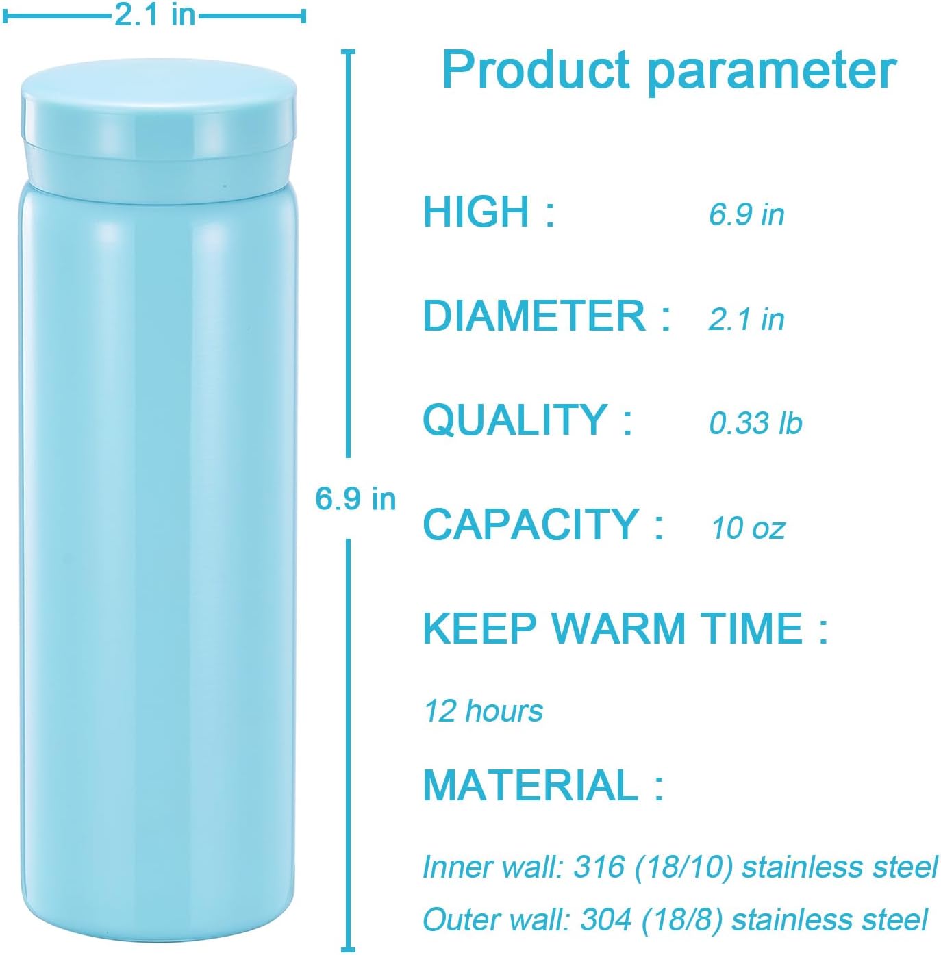 10oz Mini Water Bottle Stainless Steel Thermos Small Flask - Insulated Vacuum, Leak Proof, Keeps Drinks Hot/Cold - Ideal for Coffee, Tea, Water - Light Blue