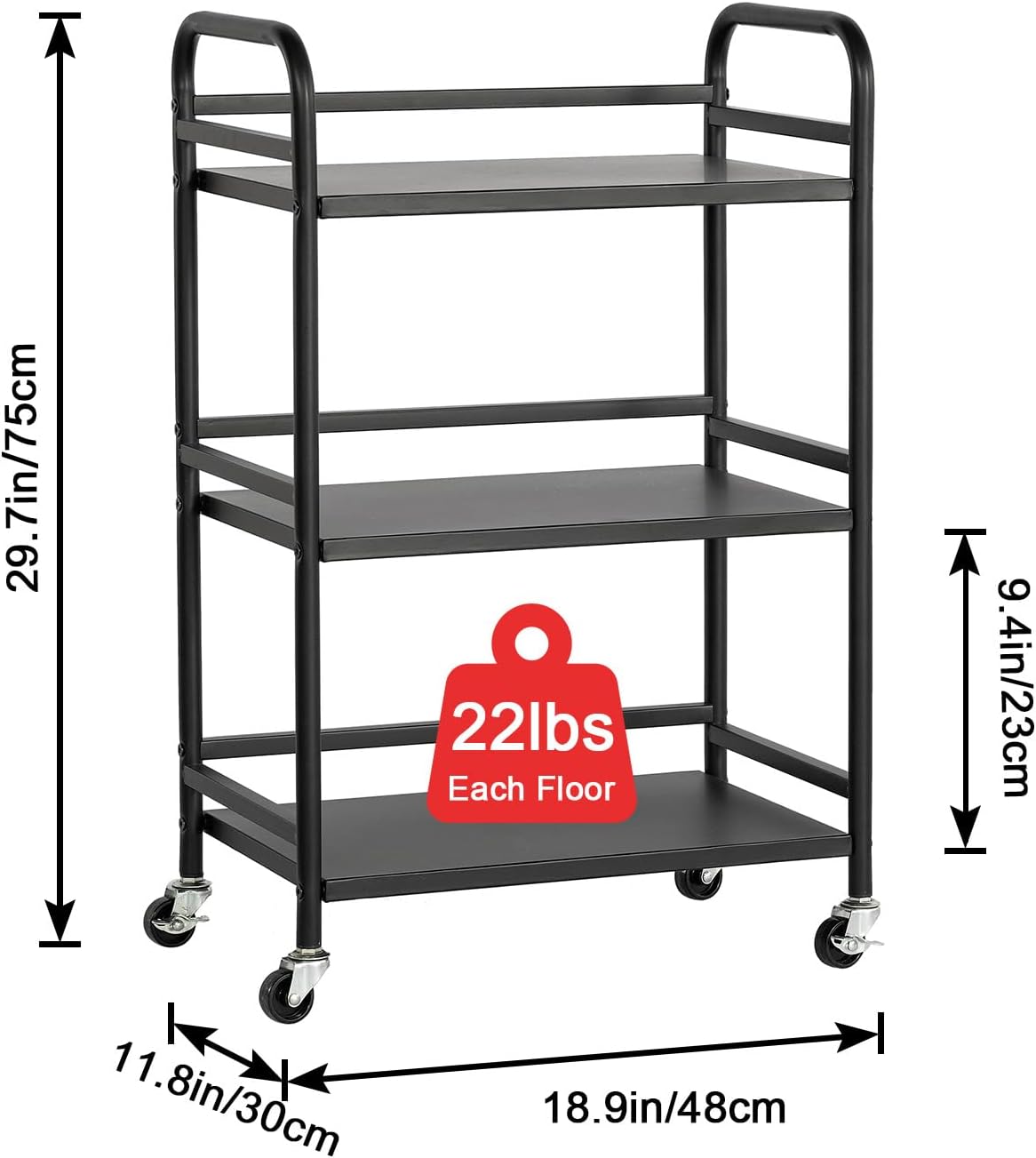 HDANI 3 Tier Rolling Cart Shelves,Heavy Duty Multifunctional Metal Frame-Supports 22 Lbs Per Tier,Rolling Cart with 2 Lockable Wheels for Home,Office,Kitchen,Bathroom,Bedroom (Black)…