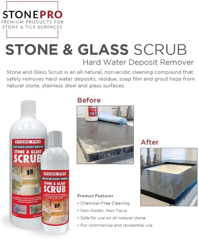 Stone Pro Stone and Glass Scrub - Hard Water Stain Remover - Remove Spots on Glass, Natural Stone, Quartz, & Metal Fixtures (Pint)