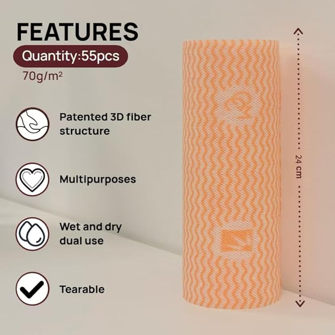 Lazy Cleaning Cloths, Disposable Microfiber Cloths, Reusable Dish Rags, Dry/Wet Use for Dishware, Countertops, Stove, Camping, RVs, Tearable Roll Design (55 Sheets, 9.45"x11.81",Green)