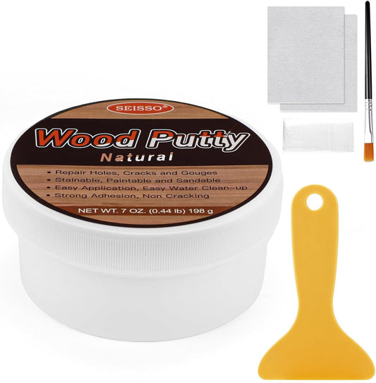 SEISSO Wood Filler, Natural Wood Putty for Trim, Wood Filler Paintable, Stainable, Water-Based Wood Putty Filler Outdoor, Wood Repair Kit - Restore Wooden Table, Cabinet, Floors, Door