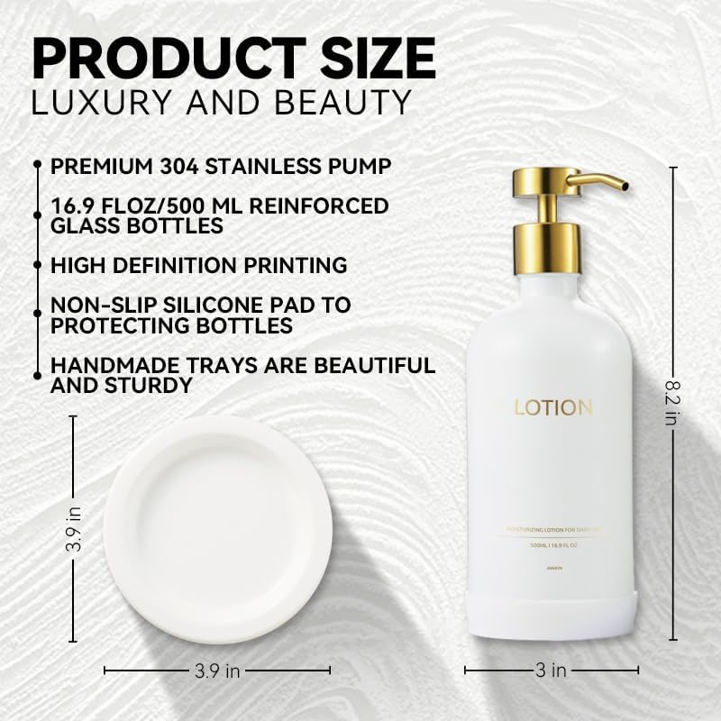 Glass Soap Dispenser Set by Janxin,Bathroom Soap Dispenser Set with Ceramic Tray,Luxury Bathroom Accessories,Modern Kitchen Decor (White+Gold(Lotion))