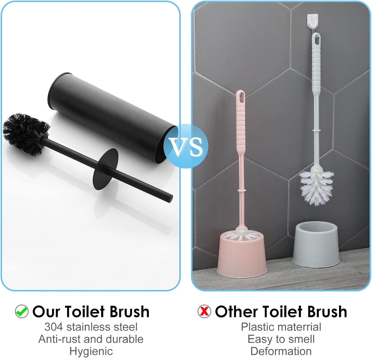 Toilet Brush and Holder Set Black Stainless Steel, 304 Heavy Duty Round Toilet Brush Set – Rust Resistant, Long Handle, Replacement Heads, Floor Standing Bathroom Toilet Cleaning Brush