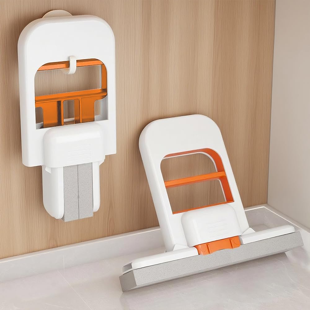 Mini Foldable Desktop Mop, Wet and Dry Portable Cleaning Sponge Mop,Self Squeezing Mini Sponge Mop with One Replaceable Head,for Small Spaces,Bathroom,Kitchen,Glass (Orange/1pcs)