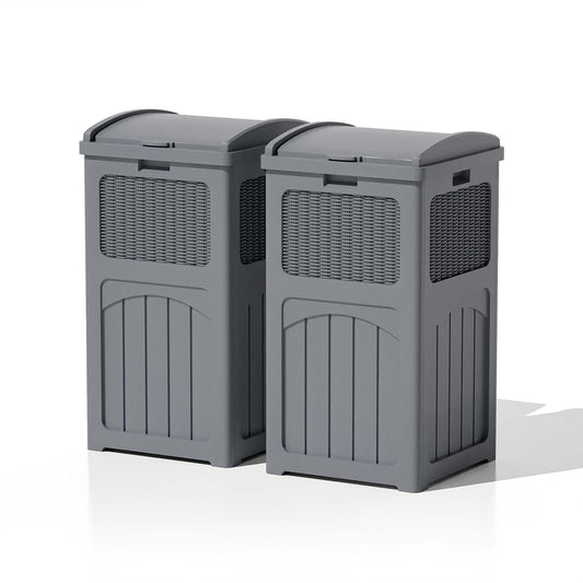 Patiowell 36 Gallon Outdoor Trash Can, Resin Outdoor Garbage Can with Lid for Patio, Backyard, Deck, Gray (2 Pack)