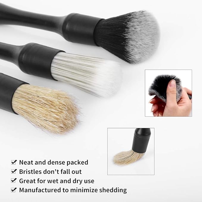 Car Detailing Brush Kit - 3 Pack, Auto Boar Hair Detail Brush Set Automotive Interior Exterior No Scratch Microfiber Detailing Brushes for Cleaning Air Vents, Engine Bays, Dashboard & Wheels