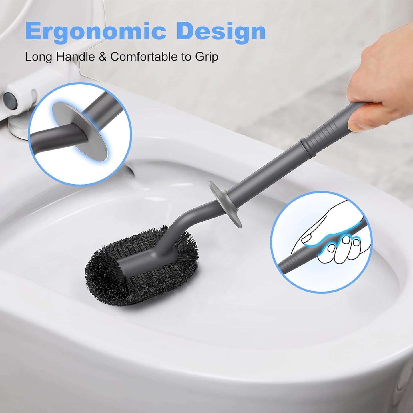 HAMITOR Toilet Bowl Brush Holder Set: Curved Design with Holder for Deep Cleaning Under Rim - Compact Hidden Scrubber for Small Space - Modern RV Bathroom Accessories - Gray