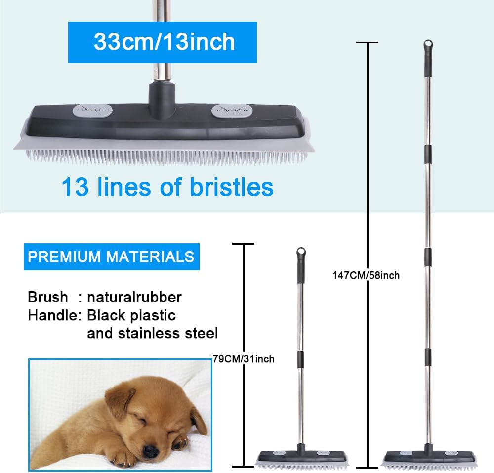 Pet Hair Rubber Broom with Carpet Rake and Squeegee, 2 in 1 Floor Brush for Carpet, 58 inch Adjustable Handle,Silicone Broom Black