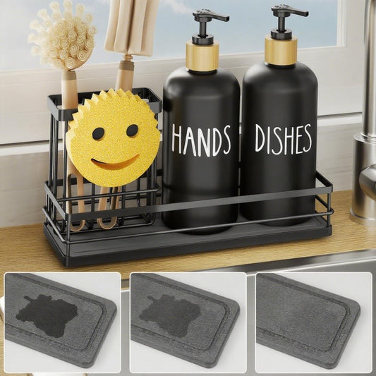 Moforoco Kitchen Dish Soap Dispenser Set, 16OZ Glass Bottle, Hand and Dish Soap Dispenser Set, Instant Dry Tray, Non-Slip Silicone Pad, Brush Holder with Smiley Face Sponge Holder（Black）