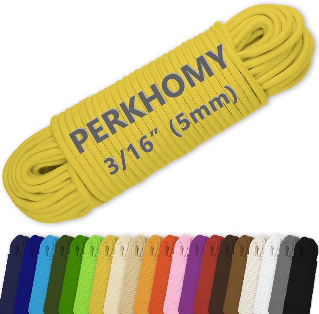 PerkHomy Cotton Rope 3/16" (5mm) 100 ft Multi Purpose Utility Diamond Braided Cord, Natural Cotton for Clothes Line Camping Crafting Flag Pole, Lemon Yellow