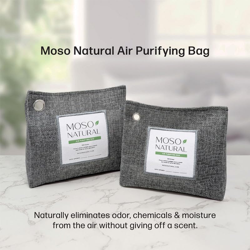 Moso Natural Air Purifying Bag 600g, Premium Bamboo Charcoal Odor Absorber, Room Deodorizer for Large Spaces, Bedroom, Kitchen, Basement, Pet Odor Eliminator for Home, 21oz Charcoal Bags (2 Pack)
