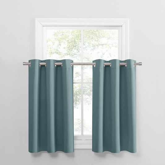 PONY DANCE Small Curtains Blackout, Privacy Energy Efficiency Mini Curtains for Kids Bedroom RV Camper Windows Trailer Bathroom Kitchen Cabinet Window, W 42 x L 36, Fluorescent Blue, 2 Panels