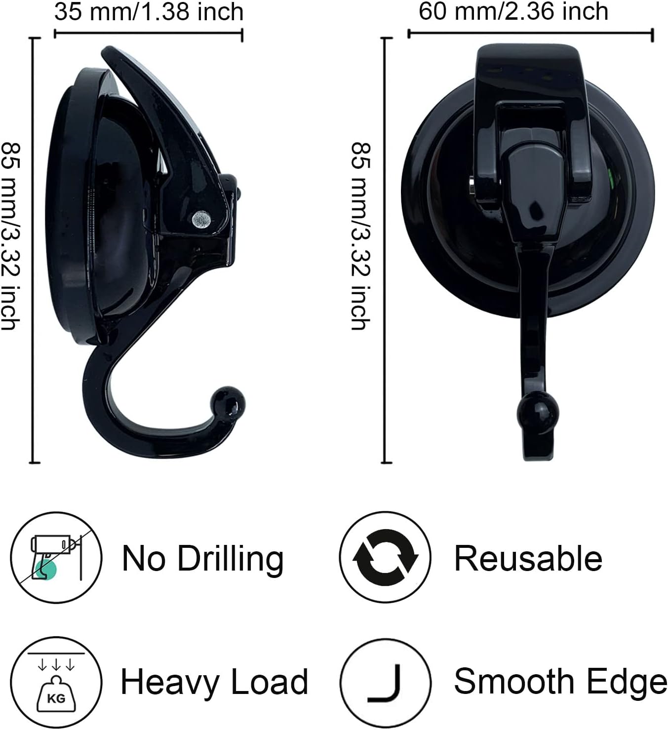 Heavy Duty Vacuum Shower Hooks - Glass Suction Cup Hooks, Reusable, No Hole Punched, for Bathroom Robe and Garland Decoration (Black, 2 Pack)