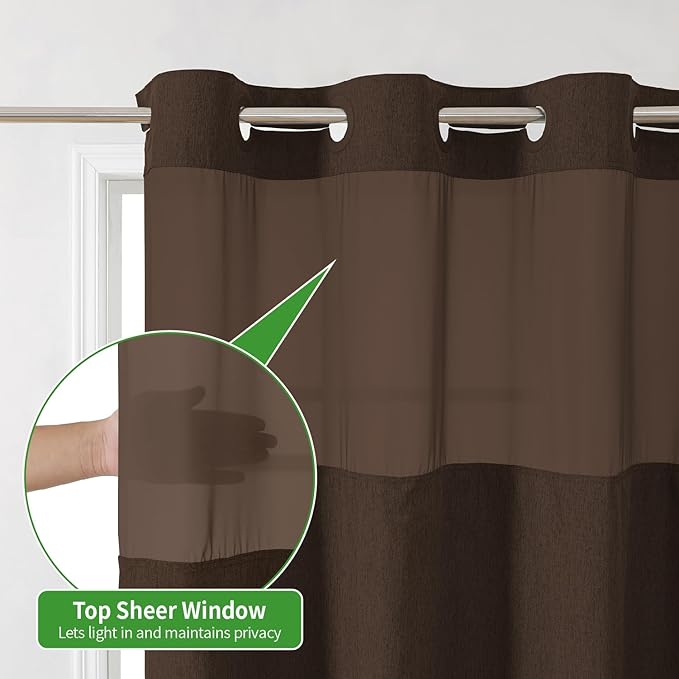 Extra Long No Hooks Needed Linen Textured Shower Curtain with Snap-in Fabric Liner Set,White Hotel Luxury Decor Shower Curtains for Bathroom,Waterproof & Washable,71Wx86H,Brown
