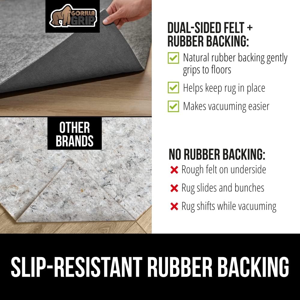 GORILLA GRIP Felt and Natural Rubber Stay in Place Slip Resistant Rug Pad, 1/8in Thick, 4x6 FT Protective Padding Under Area Rugs, Cushioned Gripper Pads, Carpet Runners, Hardwood Floors Protection