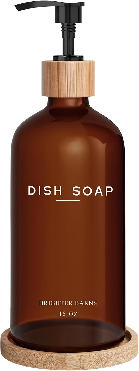Amber Glass Dish Soap Dispenser for Kitchen Sink by Brighter Barns - Kitchen Soap Dispenser Set with Tray - Glass Bottle with Pump for Liquid - Boho Home Decor and Accessories for Restaurant (Amber)
