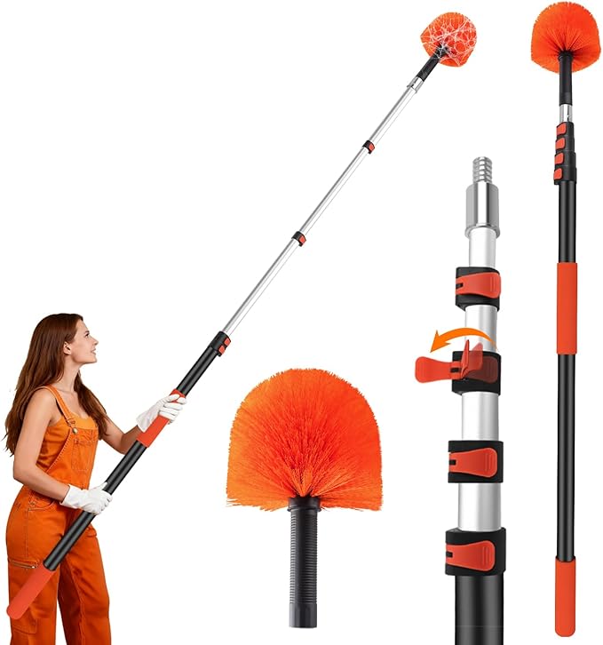 20FT Cobweb Duster with Extension Pole - High Reach Duster for High Ceilings & Outdoor Use - Telescoping Pole 3-12 Ft, Soft Bristles Cobweb Cleaner - 3/4" Acme Universal Thread