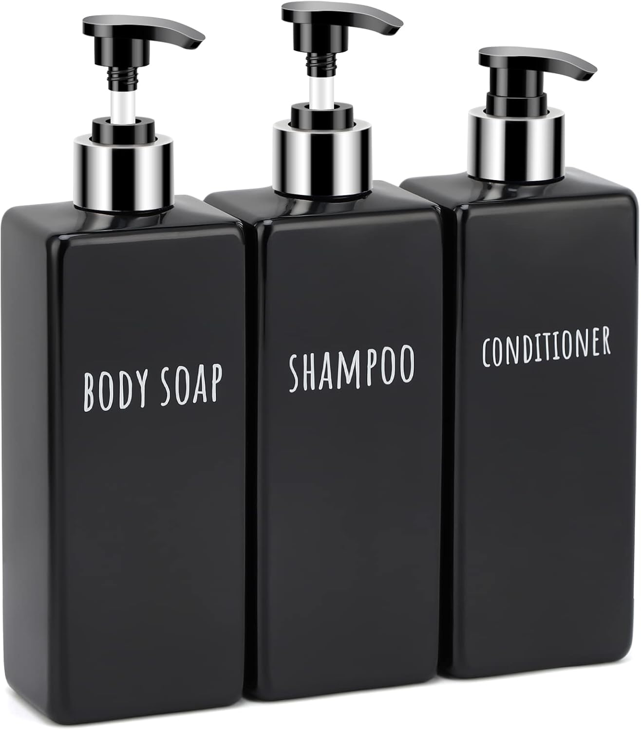 Segbeauty Shower Soap Dispenser Black, 3pcs 16.9oz Empty Refillable Bathroom Press Pump Bottles, 500ml Reusable Plastic Square Shampoo Conditioner Body Soap Dispenser Set for Modern Kitchen Home Decor