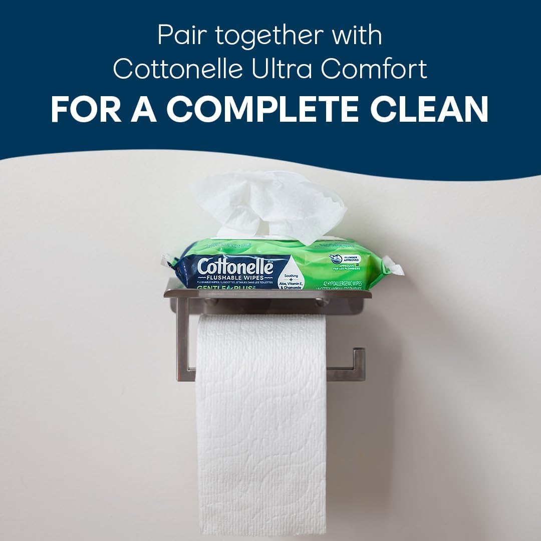 Cottonelle GentlePlus Flushable Wet Wipes with Aloe & Vitamin E, 8 Flip-Top Packs, 42 Wipes Per Pack (336 Total Wipes), Packaging May Vary