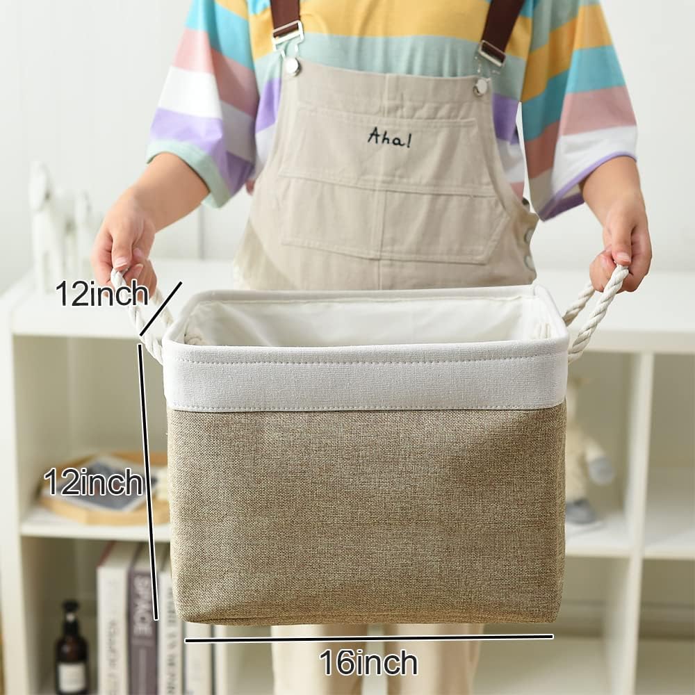 TheWarmHome Organization and Storage Basket for Gifts Empty - 16x12x12 inch Cube Storage bin 3 Pack Fabric Storage Cubes, Collapsible Baskets for Organizer Closet Cloth Gift Toy (White & Khaki)
