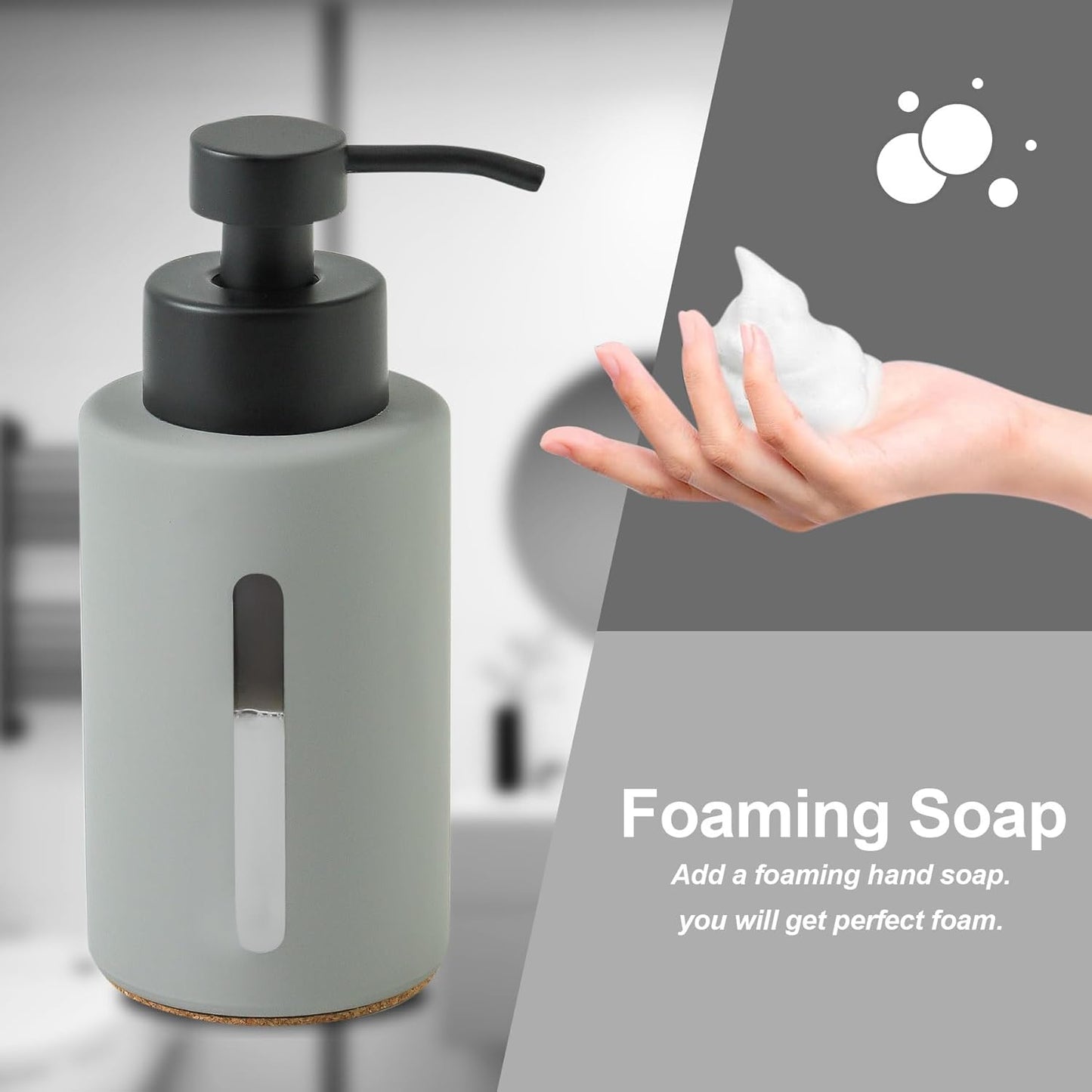 Enra Foaming Soap Dispenser with Clear Window,12oz Bathroom Soap Dispenser with Stainless Steel Pump, Modern Thick Glass Refillable Pump Bottle for Bathroom Kitchen(Light Gray Foam Dispenser)